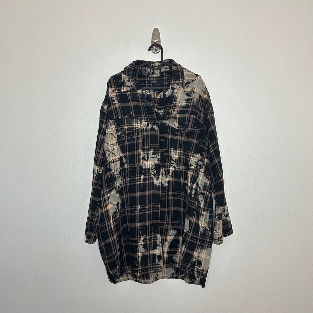 AllSaints Bleached Tie Dye Plaid Flannel Shirt Oversized Black Tan US 6 UK 10